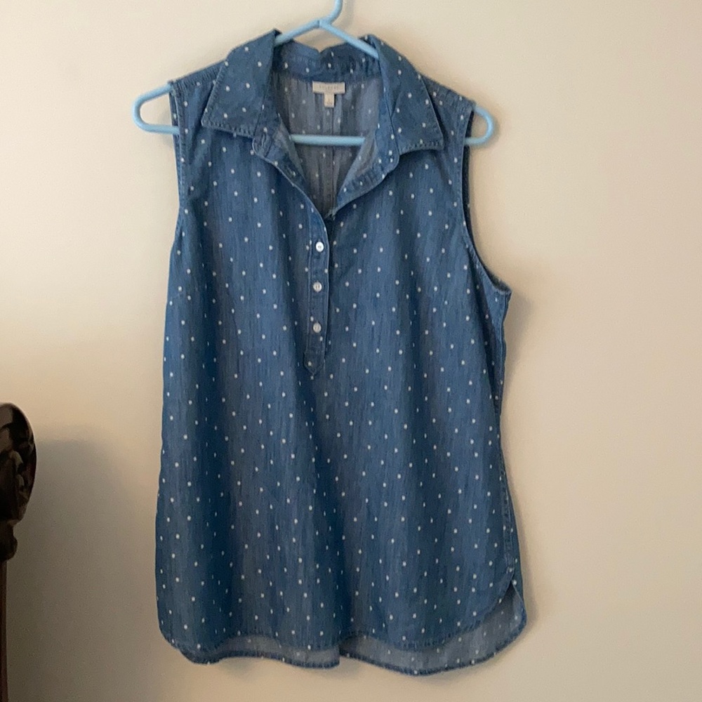 Talbots sleeveless polka dot denim top